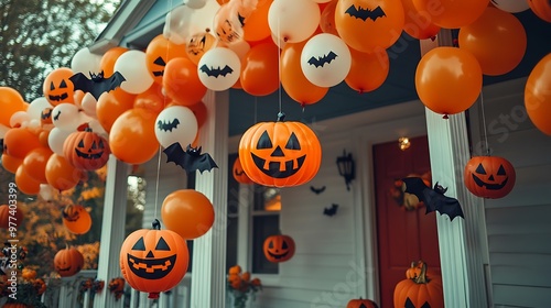 Halloween-themed balloons in the shape of jack-o'-lanterns, bats, and ghosts floating near a porch photo