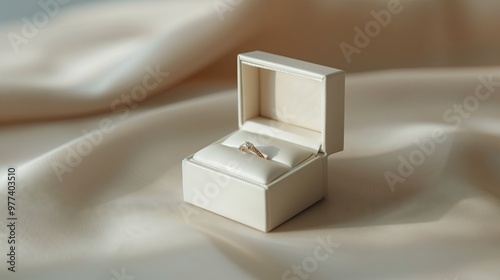 Close-up of a small open box for one wedding ring, simple background.