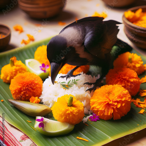 A crow eats rice offerings during the Pitru Paksha ritual, representing ancestral feeding. photo