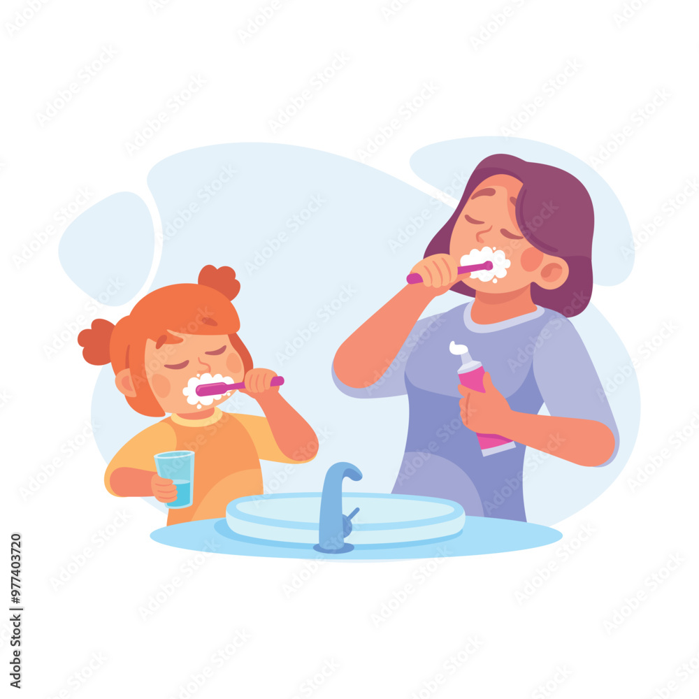 Woman Parent with Her Daughter Brushing Teeth as Home Activity Vector Illustration Woman Parent with Her Daughter Brushing Teeth as Home Activity Vector Illustration