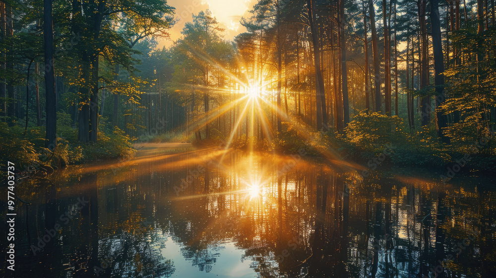 Golden sunlight bursts through tall forest trees, reflecting off the calm water of a serene woodland pond at sunrise. Forest landscape. Golden sunlight bursts through tall forest trees, reflecting off the calm water of a serene woodland pond at sunrise. Forest landscape.