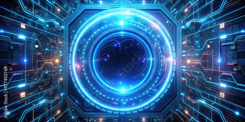 A futuristic digital frame displays a swirling vortex of neon code and circuitry, surrounded by sleek metallic edges and glowing blue accents.