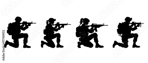 Female soldier shooting at kneeling position vector silhouette black filled Illustration.	