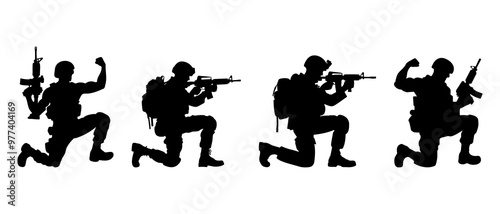 soldier shooting at kneeling position vector silhouette black filled Illustration.	