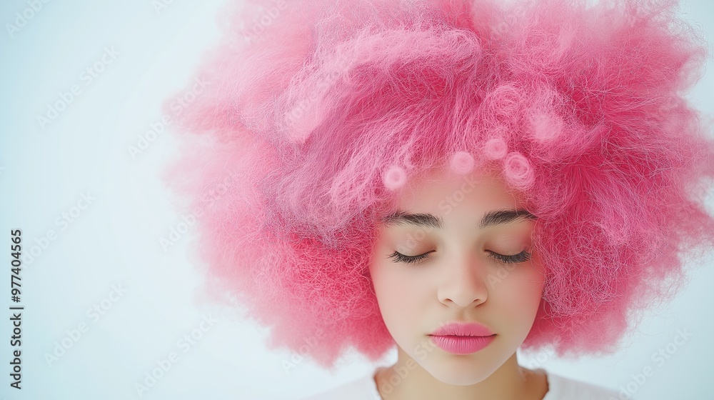 A glamorous portrait of a woman with curly blond pink hair and a playful, smiling expression, dressed in winter fashion with a touch of whimsy