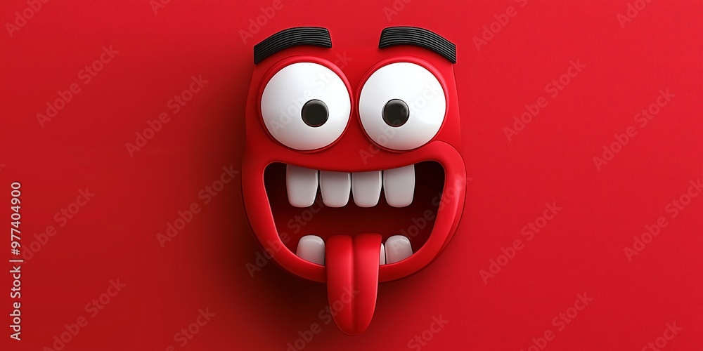 Red 3D Character with Open Mouth and Tongue Out on Red Background Red 3D Character with Open Mouth and Tongue Out on Red Background
