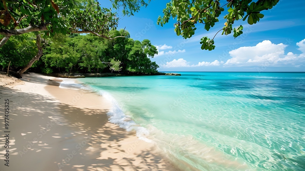 Panoramic view of tranquil beach with crystal clear water Panoramic view of tranquil beach with crystal clear water