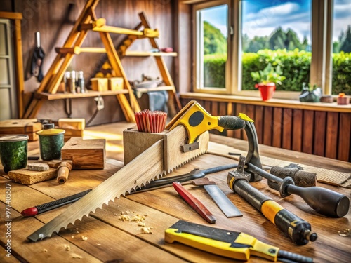 A handsaw and hammer rest on a wooden workbench amidst scattered tools and DIY project materials, surrounded by partially completed home renovation projects. photo