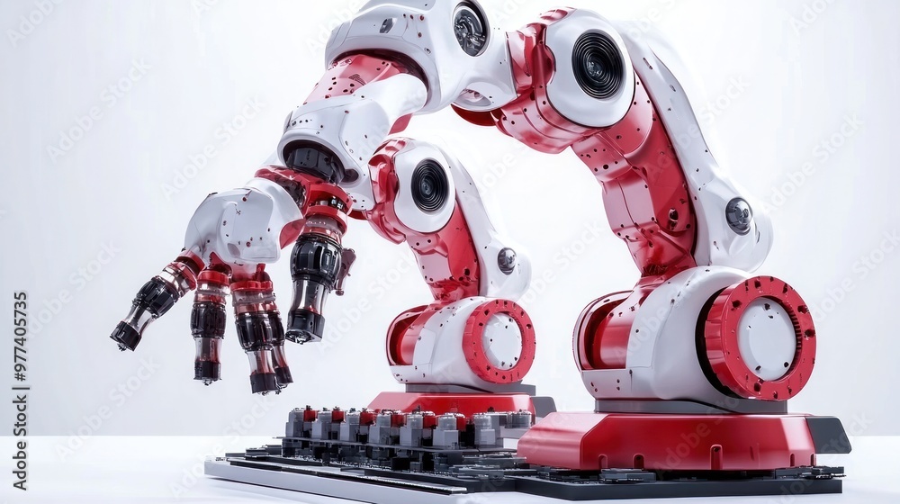 Fototapeta premium Factory robots working in automation, isolated on white background, representing advanced robotic systems and programming