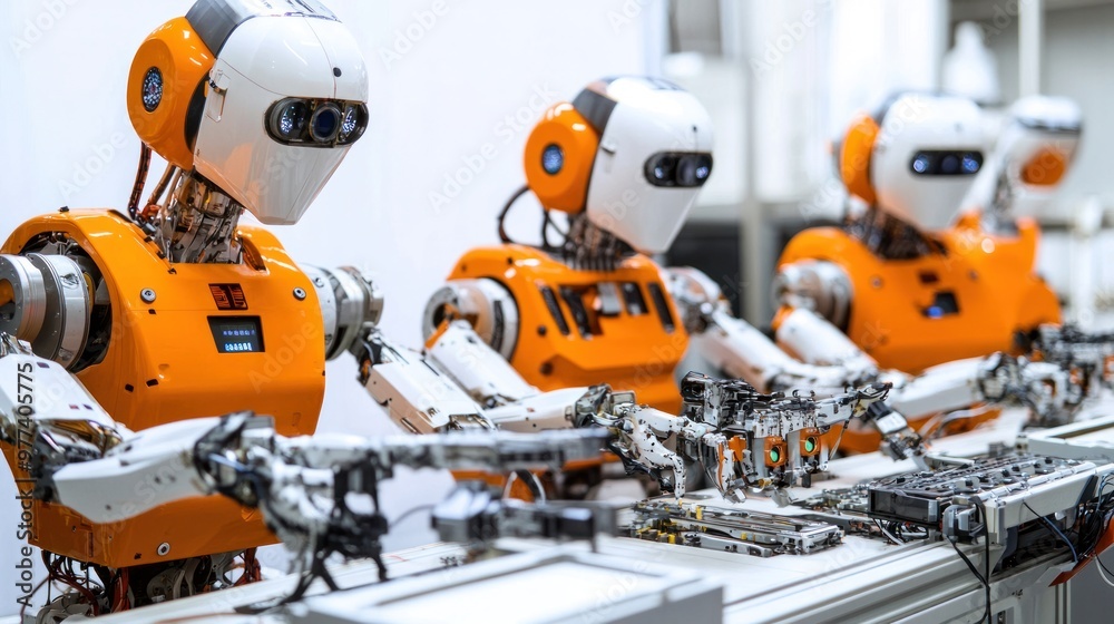 Fototapeta premium Factory robots working in automation, isolated on white background, representing advanced robotic systems and programming