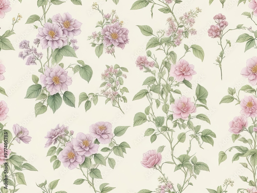 background with a seamless pattern that showcases a selection of old botanical drawings with softly colored flowers and leaves.