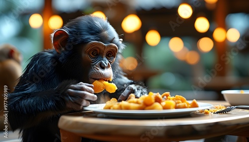 Monkeys scavenging food remnants on tables at a resort, showcasing the interaction between wildlife and human leisure photo