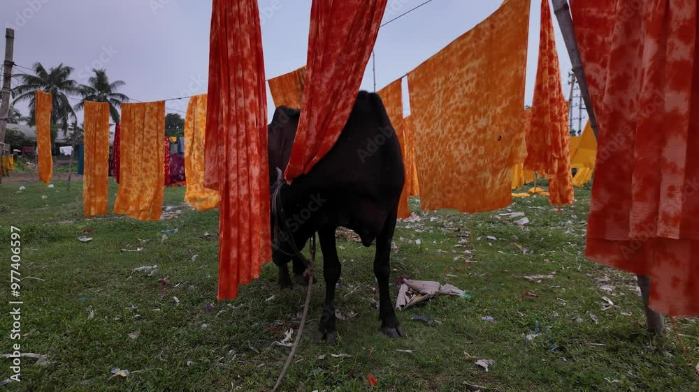 Cow grazing in the middle of fabrics drying under the sun, Rupganj, Bangladesh