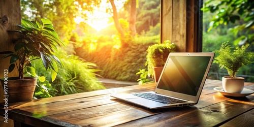 a laptop sits open on a rustic wooden desk surrounded by lush greenery, warm sunlight spilling in through a window. photo