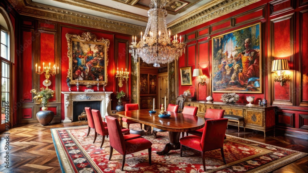 A lavish interior space featuring an eclectic mix of vintage furniture, ornate chandeliers, and a stunning large-scale abstract expressionist artwork on a bold red wall. A lavish interior space featuring an eclectic mix of vintage furniture, ornate chandeliers, and a stunning large-scale abstract expressionist artwork on a bold red wall.