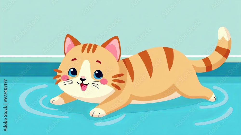 Fototapeta premium Cartoon Scottish Fold Cat Enjoying Pool Adventure