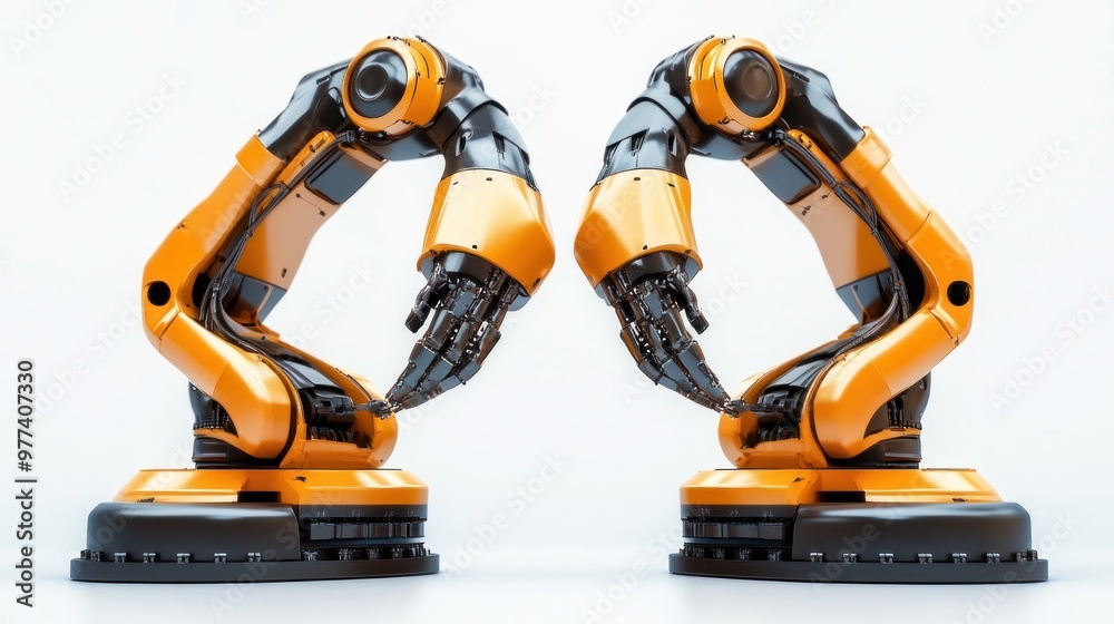 Industrial robotics programming for factory automation, isolated on white background, focusing on robot control and AI Industrial robotics programming for factory automation, isolated on white background, focusing on robot control and AI