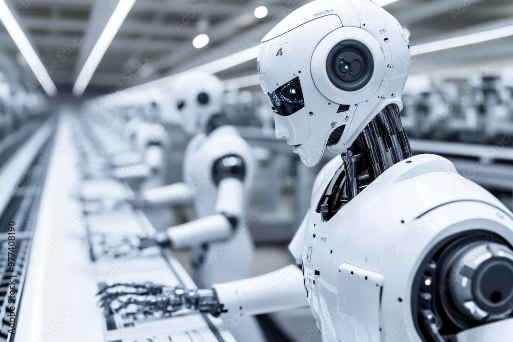 Fototapeta premium Programming autonomous robots for factory settings, isolated on white background, focusing on industry 4.0 and automation