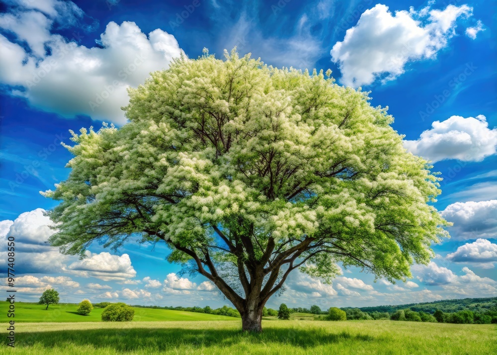 A majestic chokecherry tree stands tall, its delicate white flowers blooming amidst vibrant green leaves, against a serene blue sky with puffy white clouds. A majestic chokecherry tree stands tall, its delicate white flowers blooming amidst vibrant green leaves, against a serene blue sky with puffy white clouds.
