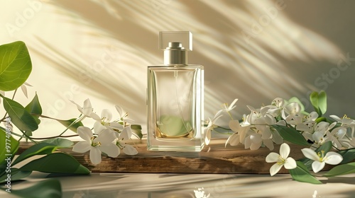 A luxurious perfume bottle, surrounded by white flowers and green leaves, light beige color, soft light, delicate details to present the fragrance through commercial advertising in a commercial advert
