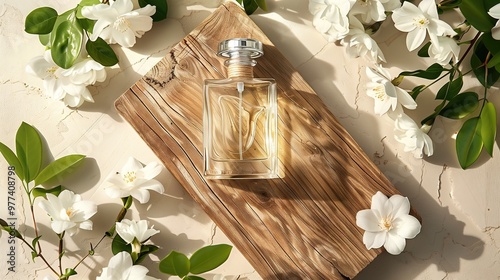 A luxurious perfume bottle, surrounded by white flowers and green leaves, light beige color, soft light, delicate details to present the fragrance through commercial advertising in a commercial advert