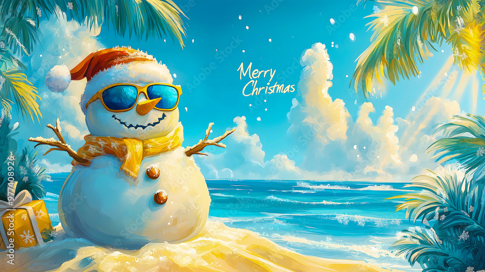 Obraz premium A positive snowman in a red Santa Claus Christmas hat and sunglasses on a sunny tropical beach. Christmas greetings for tourists from hot tourist countries