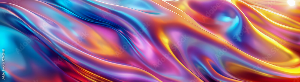 A soft wave of satin that creates a light effect, with a holographic texture having smooth flowing patterns, a background design in the world of fashion and digital art, a shiny surface. Banner.