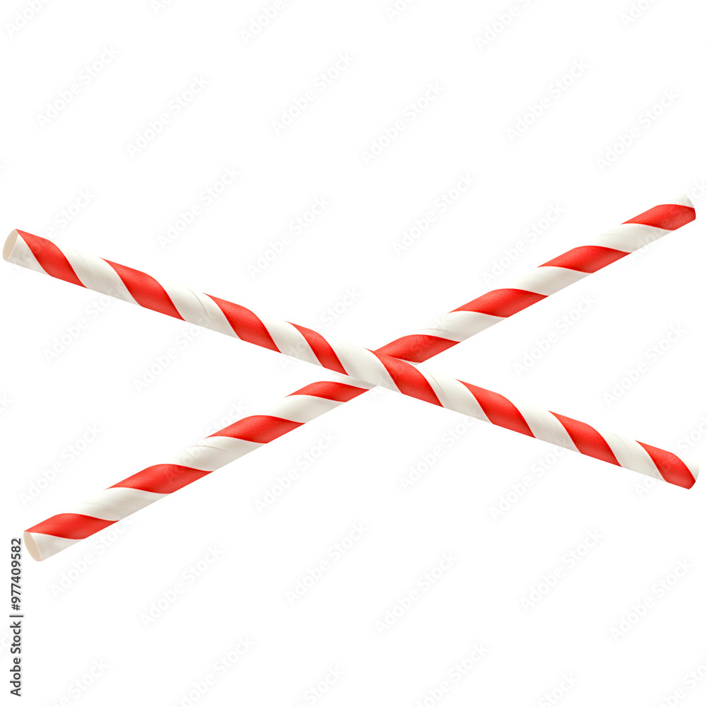 Crossed Red and White Striped Paper Straws Isolated on Transparent Background.