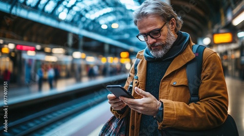 practical use of a smartphone by a businessman at a train station, illustrating how modern professionals stay connected and efficient while traveling