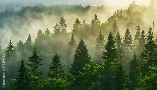 Misty mountain landscape with coniferous forest