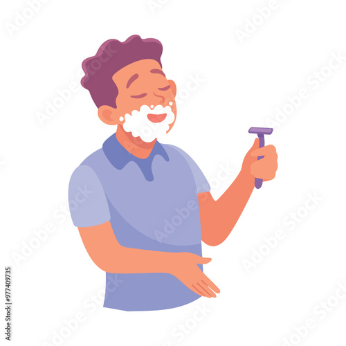 Man Character in Bathroom Shaving Enjoy Morning Routine Vector Illustration