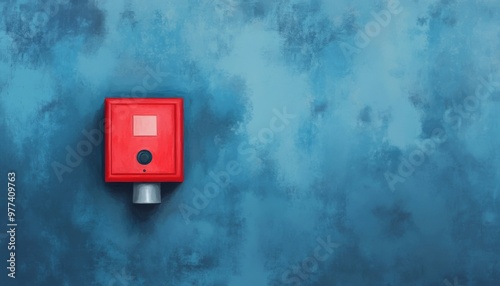 A striking red emergency box mounted on a blue textured wall, symbolizing safety and preparedness in modern architecture.