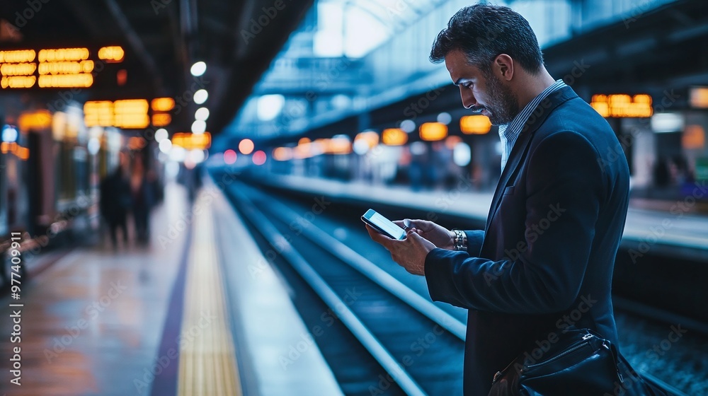 engaged businessman using his smartphone at a train station, illustrating the blend of technology and efficiency in urban commuting engaged businessman using his smartphone at a train station, illustrating the blend of technology and efficiency in urban commuting