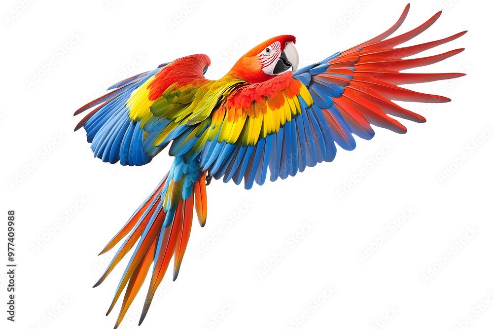 Obraz premium Scarlet macaw parrot flying isolated white background isolated 