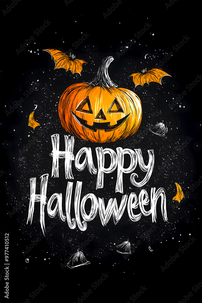 The concept of celebrating a happy Halloween. There is a funny orange pumpkin on a black background and an inscription in chalk. Vertical, postcard, greeting The concept of celebrating a happy Halloween. There is a funny orange pumpkin on a black background and an inscription in chalk. Vertical, postcard, greeting
