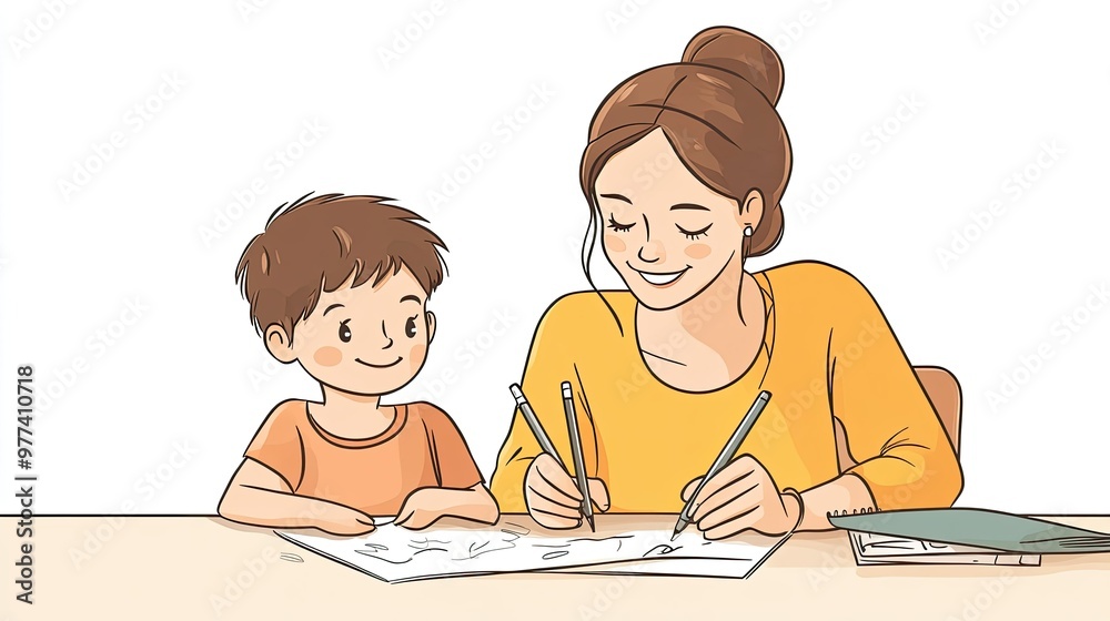 Cartoon mother and child drawing together at a table, with room for copy space on a blank background. Cartoon mother and child drawing together at a table, with room for copy space on a blank background.