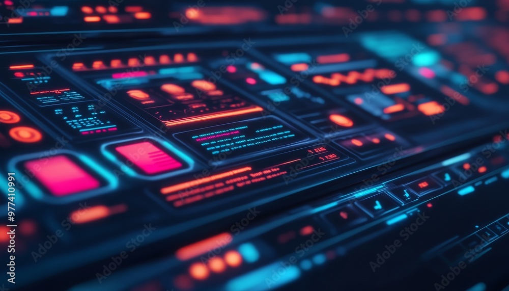 Futuristic control panel with glowing buttons and displays. Ideal for technology, sci-fi, and digital design themes. Futuristic control panel with glowing buttons and displays. Ideal for technology, sci-fi, and digital design themes.