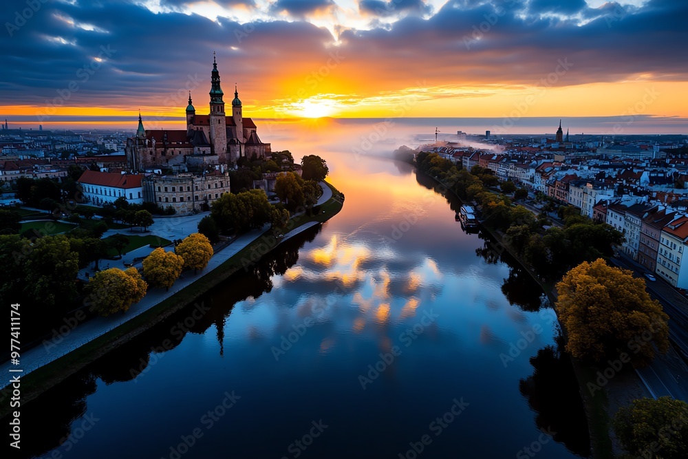 Obraz premium A sunrise over Wawel Castle, with the morning mist rising from the Vistula River