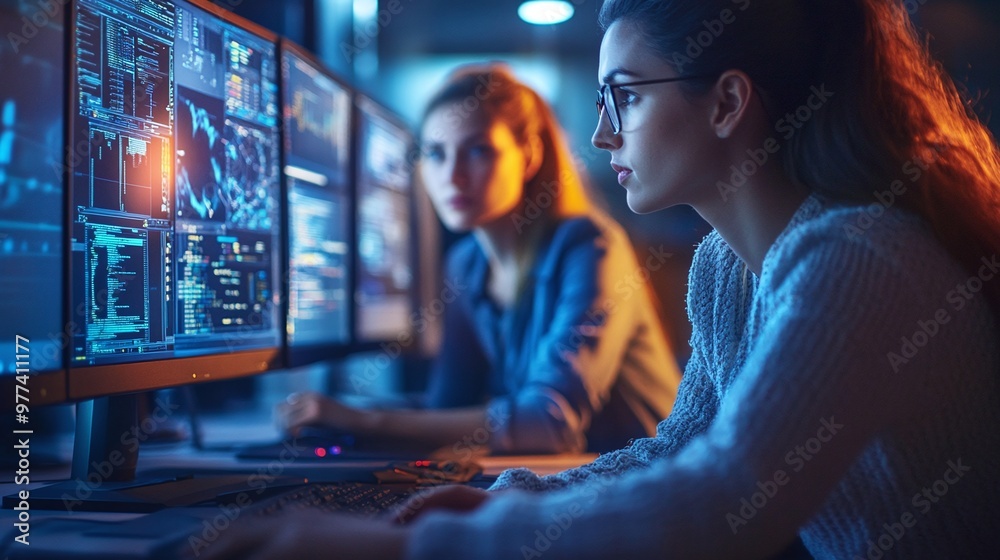 dynamic scene of a man and woman at a desk with computer monitors, showcasing collaboration and focused work in a professional office environment dynamic scene of a man and woman at a desk with computer monitors, showcasing collaboration and focused work in a professional office environment