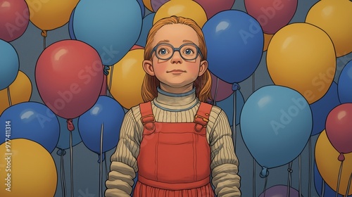 An illustration of a child standing amidst a multitude of vibrant balloons. photo