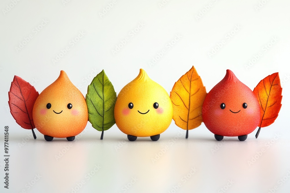 Three cute smiling autumn characters with colorful fall foliage Three cute smiling autumn characters with colorful fall foliage