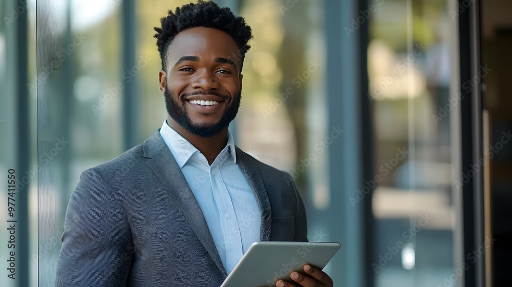 Smiling businessman in a suit holding a tablet device Smiling businessman in a suit holding a tablet device