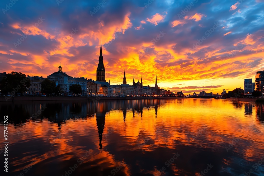 Fototapeta premium A sunset view of the Riga skyline, with the Daugava River and historic buildings silhouetted against the sky