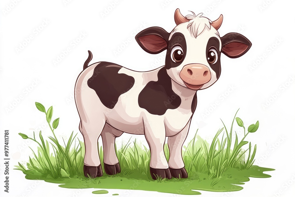 Happy cartoon baby cow standing in the grass Happy cartoon baby cow standing in the grass
