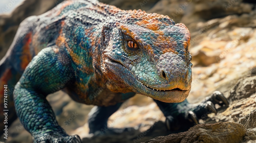 Fierce Komodo Dragon Close Up with Detailed Scales and Sharp Claws in Rocky Terrain Fierce Komodo Dragon Close Up with Detailed Scales and Sharp Claws in Rocky Terrain