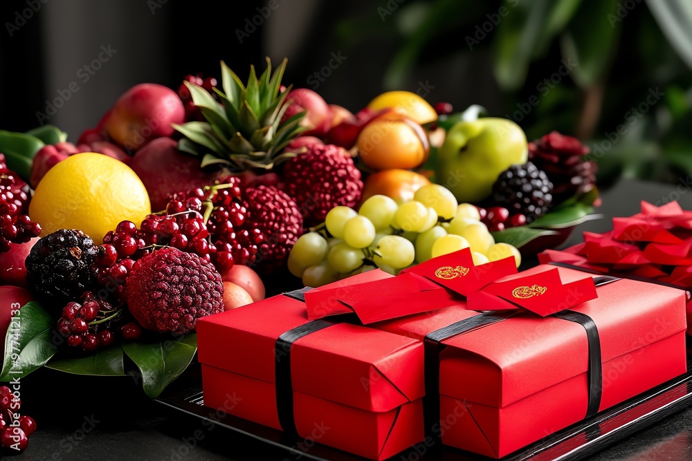 A traditional Chinese New Year gift table, with red envelopes, fruit, and symbolic gifts arranged neatly A traditional Chinese New Year gift table, with red envelopes, fruit, and symbolic gifts arranged neatly