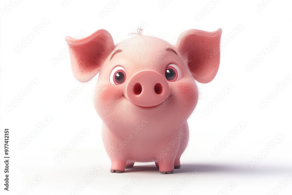 Cute pink piglet standing and smiling on white background Cute pink piglet standing and smiling on white background