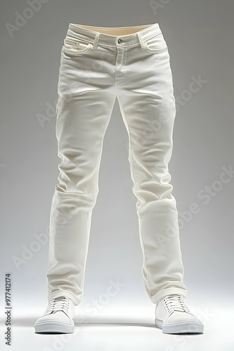 Stylish white jeans displayed on a mannequin, perfect for showcasing modern fashion trends in clothing photography.