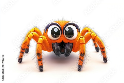 Cute cartoon orange spider standing on white background