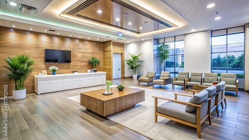 A modern medical facility with a calm atmosphere, featuring a spacious waiting area with comfortable seating and a large reception desk with a digital screen.